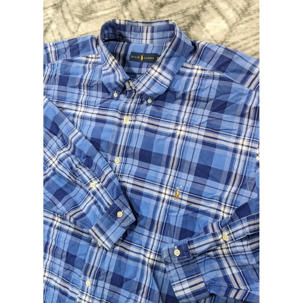 Ralph Lauren Button Down Dress Shirt Mens 3XB Big Blue Plaid Check Flesh Pony